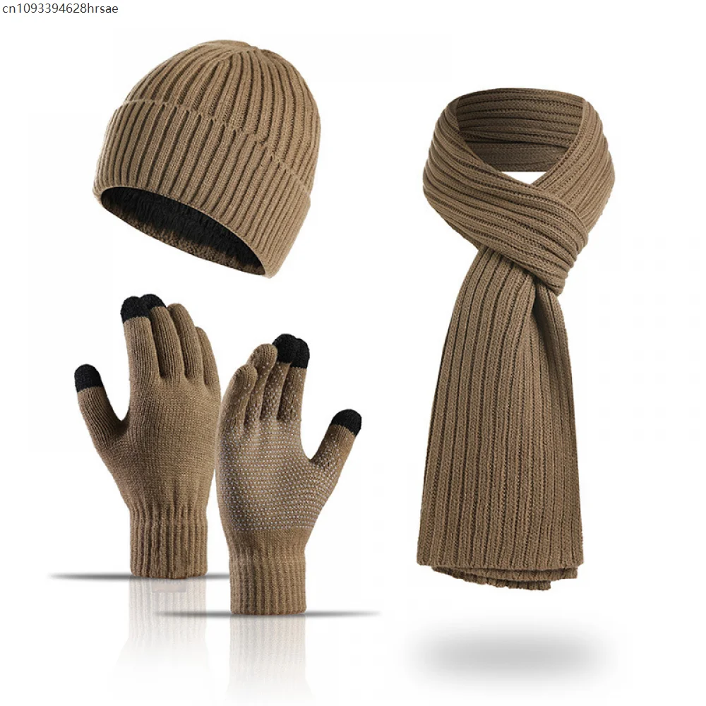 

Hot Autumn Winter New Imitation Cashmere Warm Men Hat Scarf Gloves Winterproof Suit Women Thick Knit three-piece Set Chapeu
