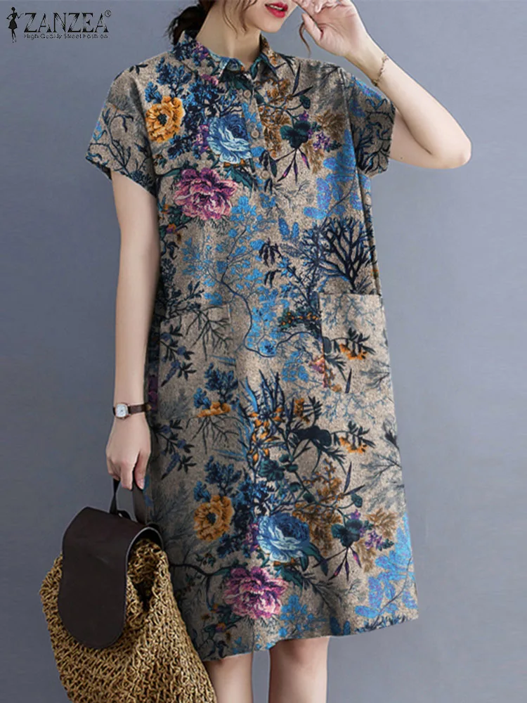 ZANZEA Summer Fashion Cotton Sundress Woman Floral Printed Dress Short Sleeve Lapel Neck Shirtdress Female Elegant Holiday Robe