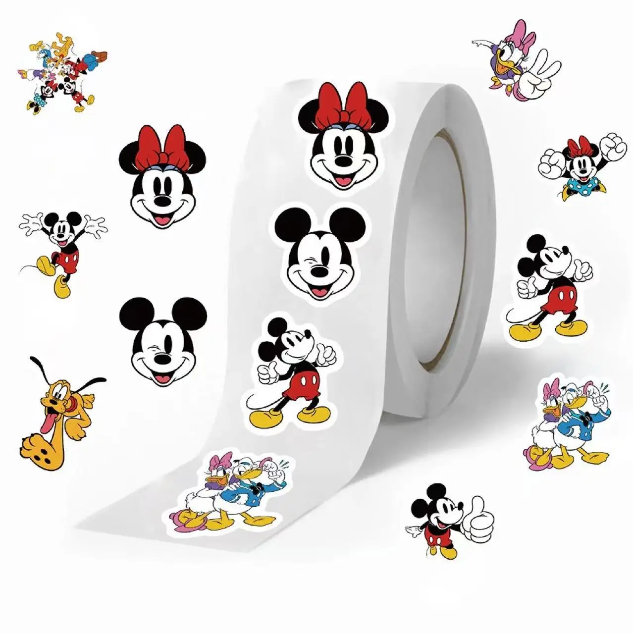 500pcs/roll Stiker Disney Mickey Donald Kawaii untuk Koper, Grafiti, Mainan, Dekorasi, Hadiah, dan Penutup
