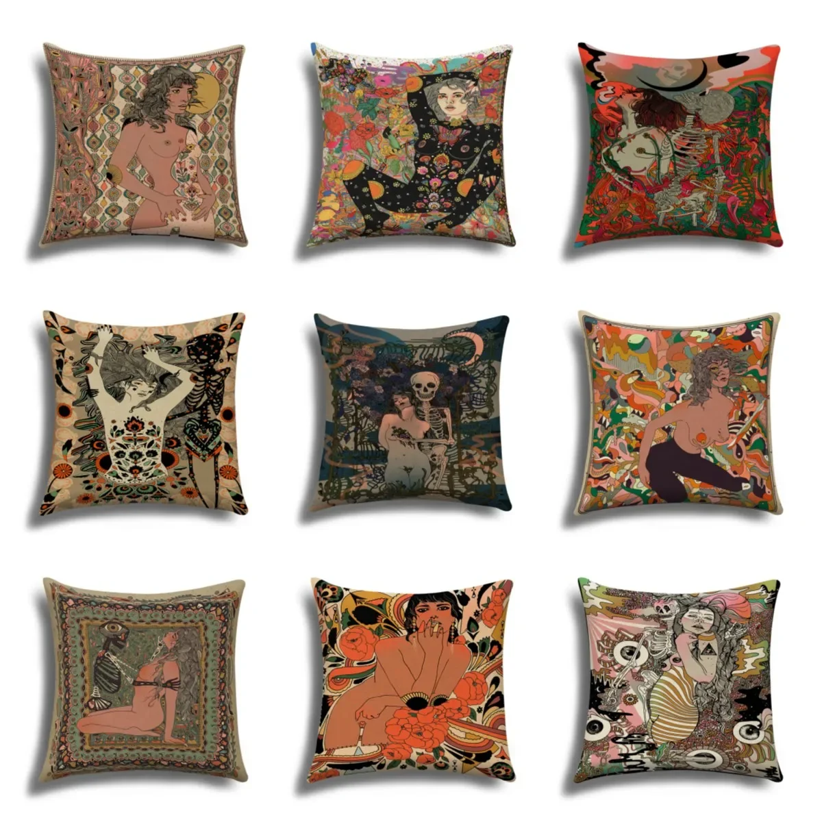 Girl skull illustration cushion cover, linen pillowcase, Cushion cover 50x50, Sofa cushion cover, you can customize your pattern