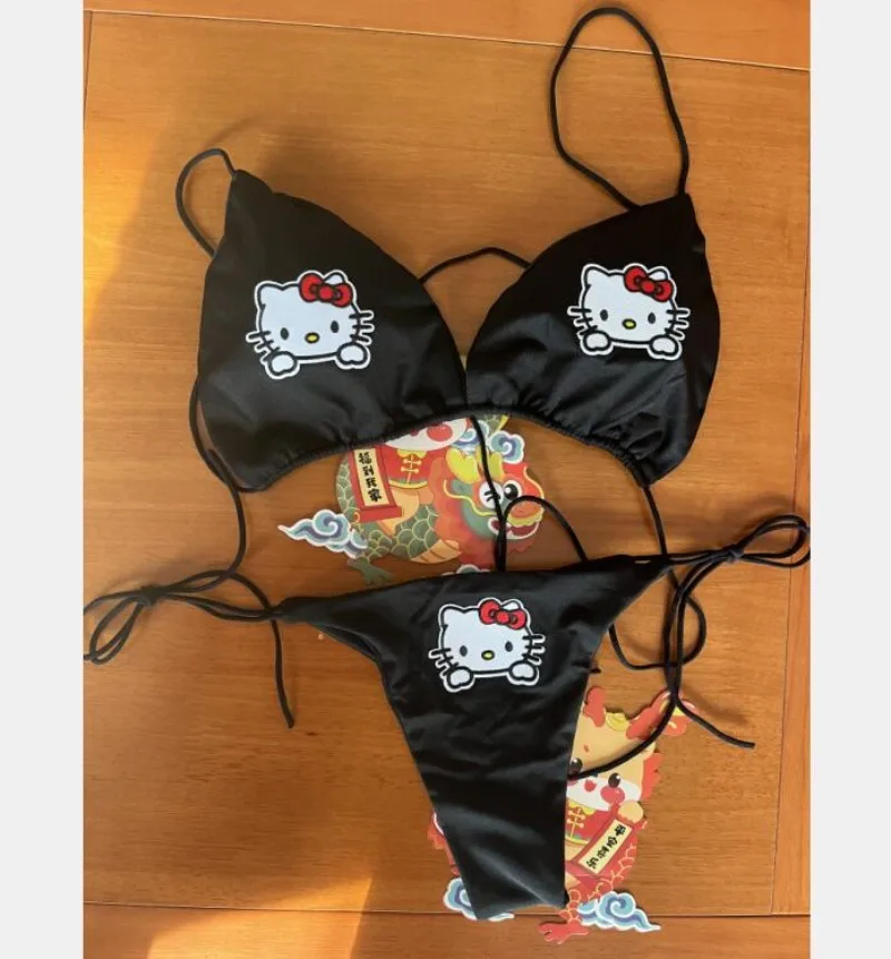 Oryginalny Sanrio Hello Kitty zwięzły jednolita seksowna damski kabriolet pasek wielokolorowy komplet bielizny czarny biustonosz Bikini i zestaw