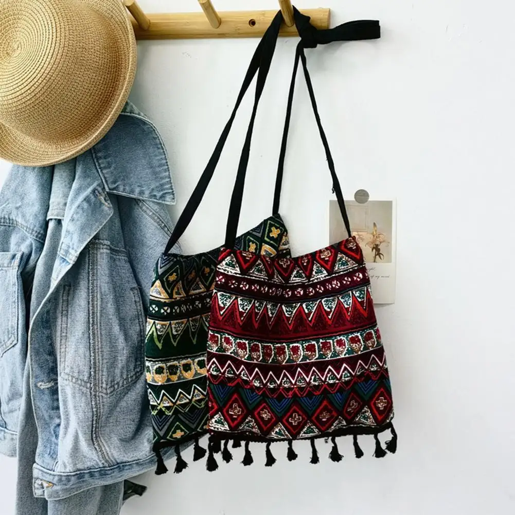 Retro Women Shoulder Bag Ethnic Printed Tassel Decor Bohemian Style Portable Long Straps Travel Crossbody Bag