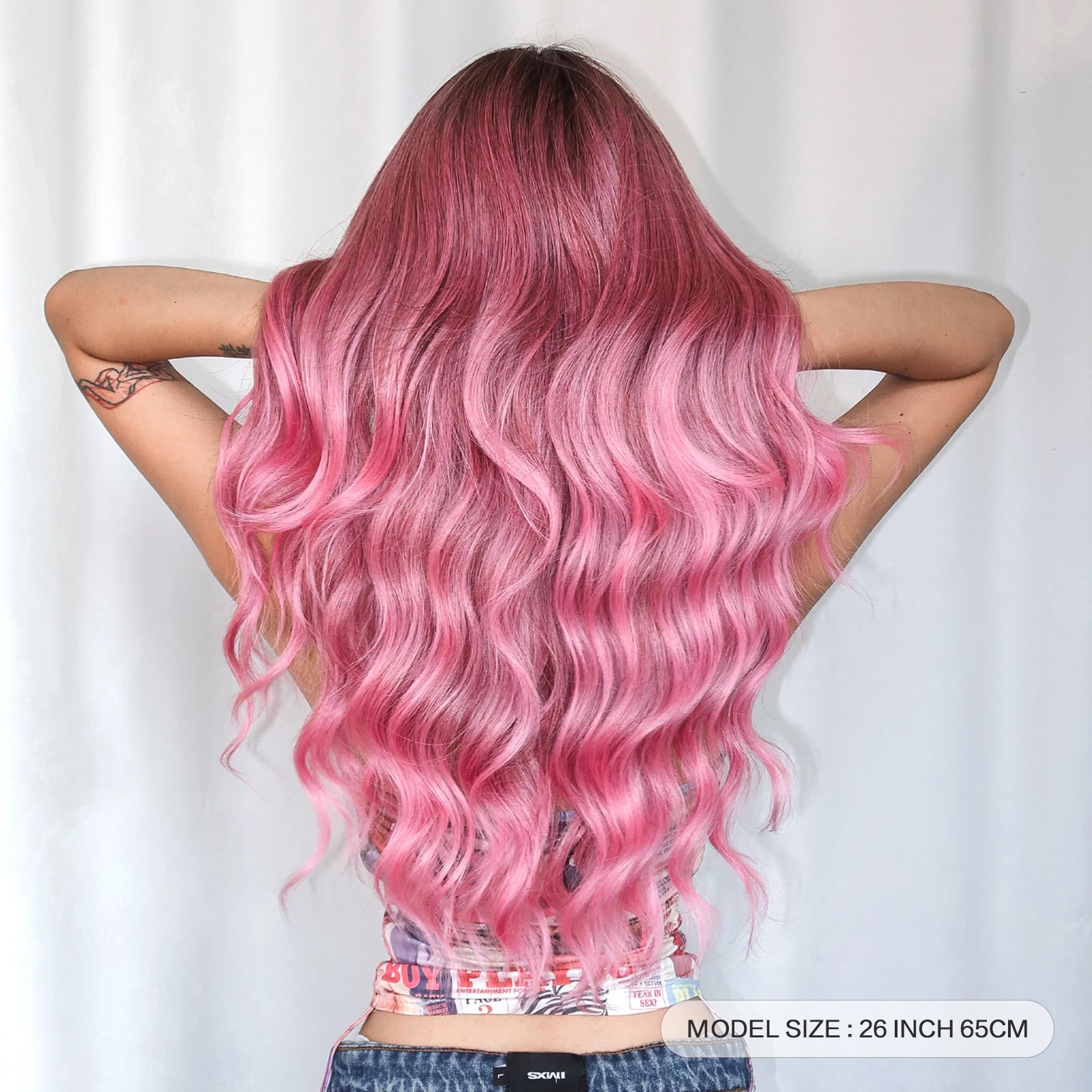 EASIHAIR Ombre Pink Red Long Wavy Synthetic Wig with Bangs Water Wave Hair Wigs for Women Heat Resistant Cosplay Daily Use Wig