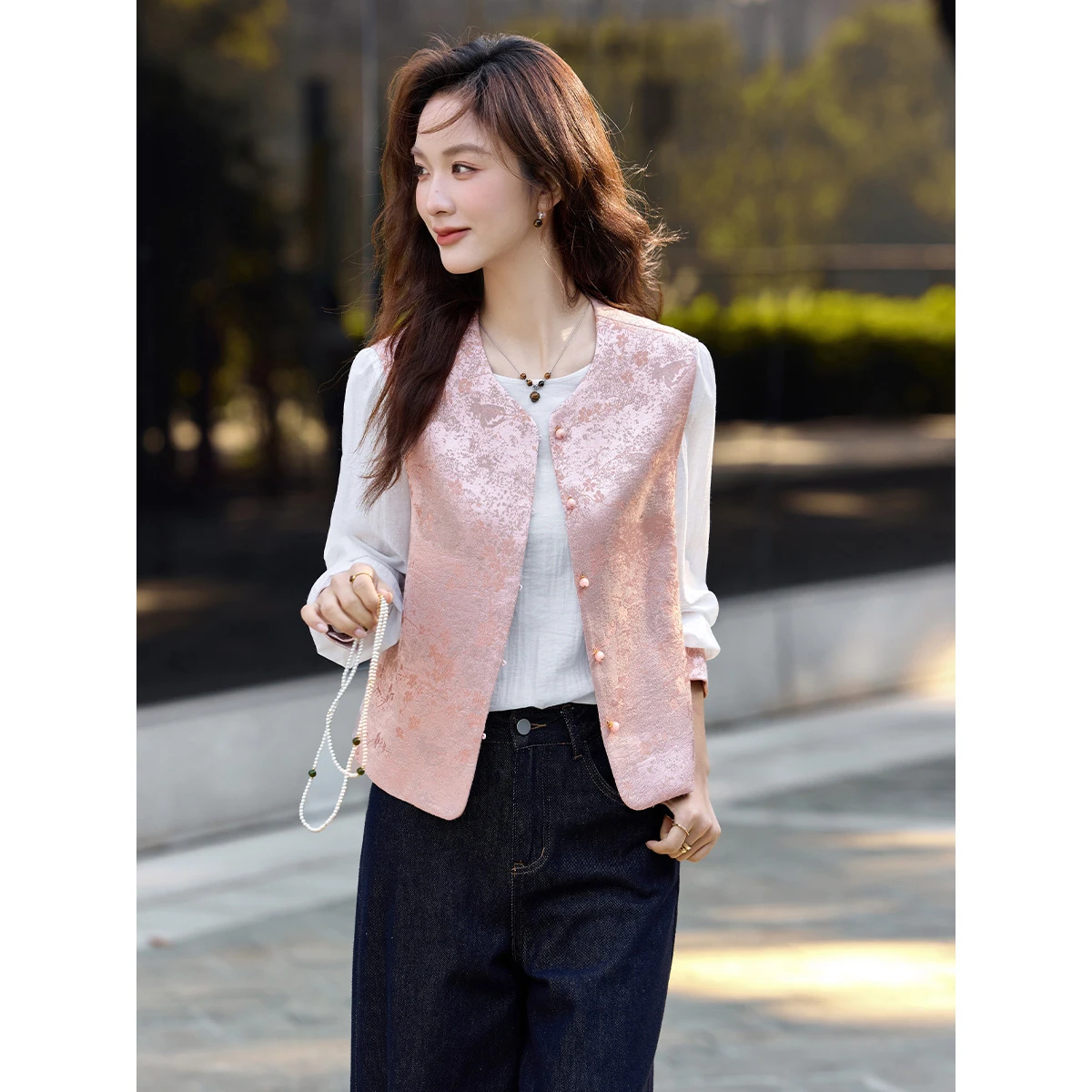 VIMLY New Chinese Style Pink Vest Set for Women 2026 Autumn Long Sleeve T-shirt Jacquard Outerwear Fashion Two-piece Set A3553