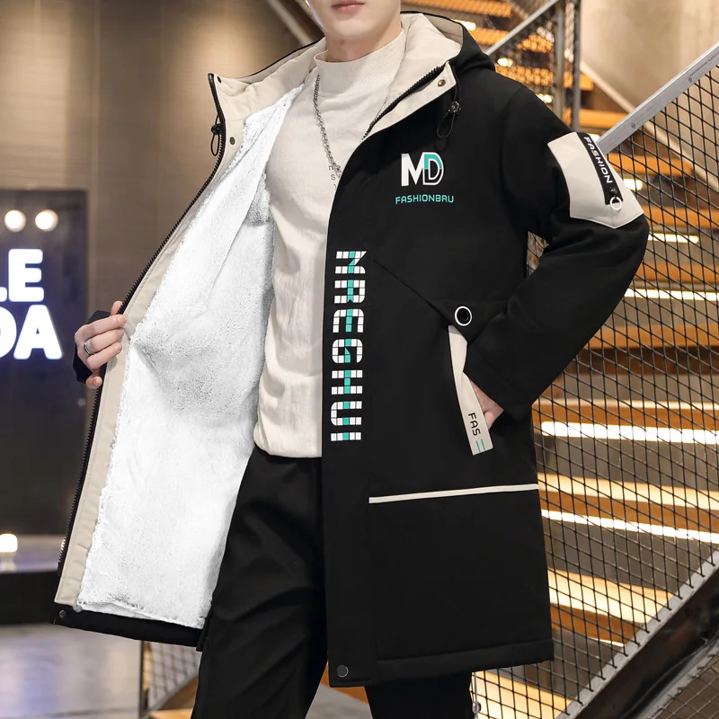 

Casual Men's Autumn Winter Warm Fleece Hooded Jackets Classic Loose Mid-Long Thick Plush Coat Clothing Youth Outwear Tops Parkas