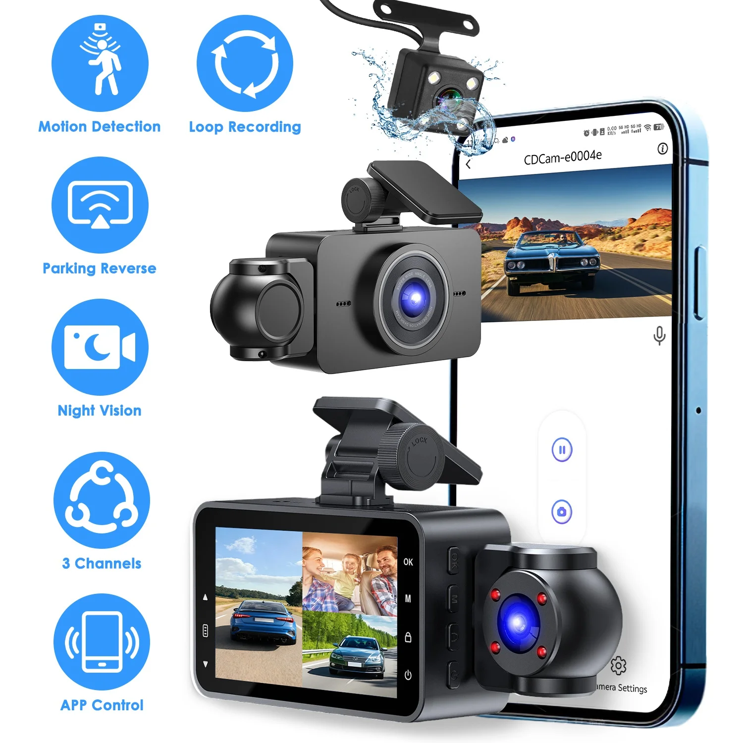 3-channel driving recorder loop recording function 1080P full HD front camera DVR recorder Night video recorder vehicle DVR Built-In Wi-Fi  Equipped with reverse camera