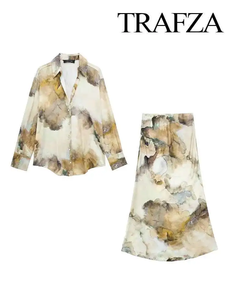 Novo feminino elegante 2 peça conjunto impresso único breasted lapela camisas de manga longa vintage causal cintura alta a-e midi saia