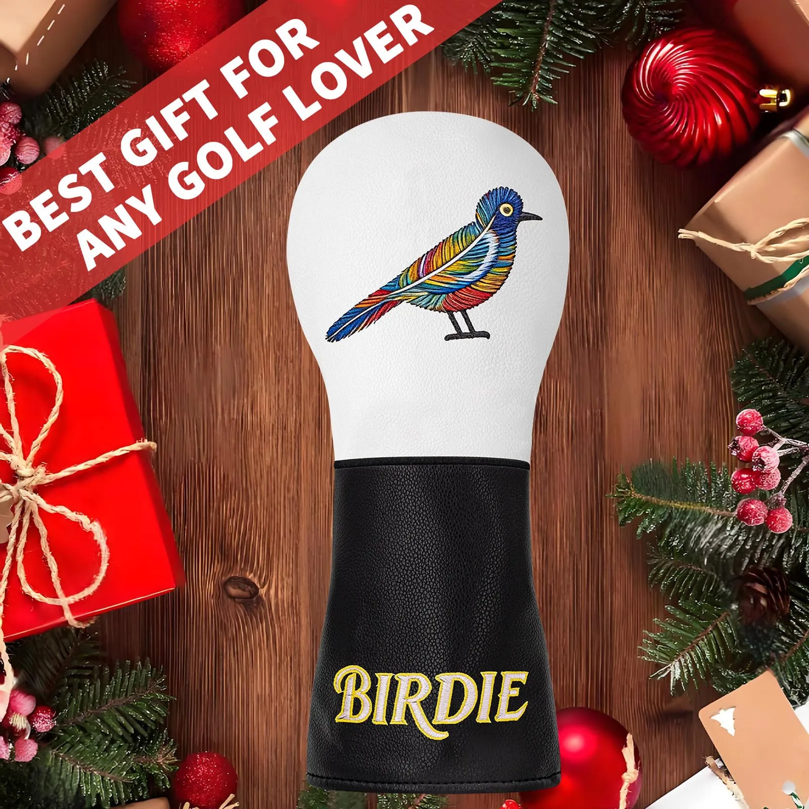 Colorful Bird Embroidery Golf Headcover Elastic Bands Color Block Water Resistant PU Leather Club Head Cover view 3