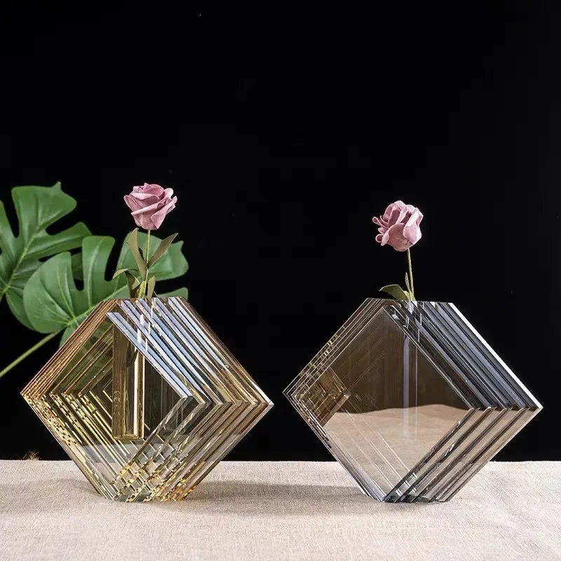Modern Transparent Crystal Stacked Vase Minimalist Home Decor Ornament for Living Room Dining Table Centerpiece Soft
