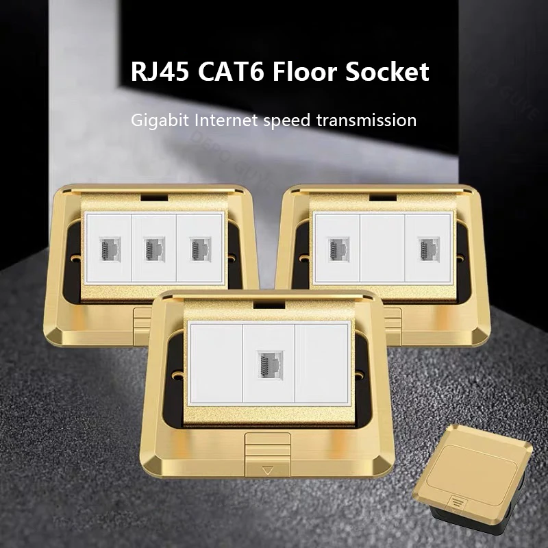 

Gold RJ45 CAT6 Network floor socket waterproof outlet,Bedroom hidden floor socket 120mm*120mm Double computer Tel outlet plug