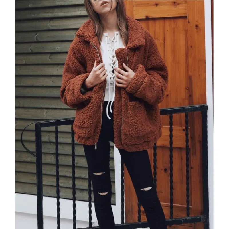 가을 겨울 가짜 모피 코트 여성 2025 캐주얼 따뜻한 소프트 지퍼 모피 자켓 플러시 오버 코트 포켓 플러스 사이즈 테디 코트 여성