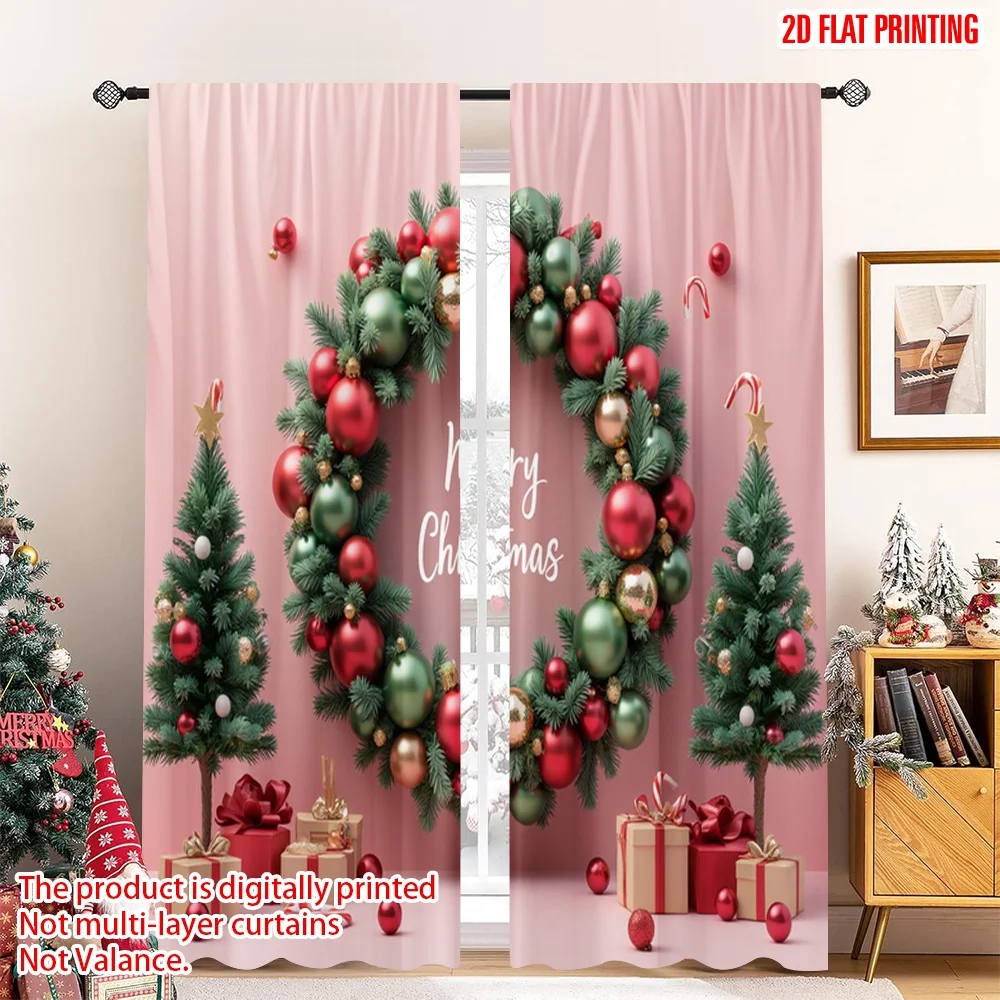 

2pcs 2D flat printing Christmas Curtain Merry Christmas Trees Gifts 100% Polyester Without Electricity Birthday Party Use for
