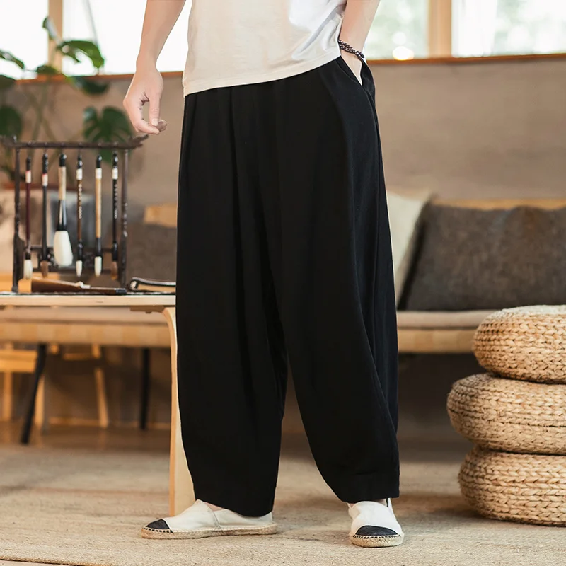 Chinese Style Loose Plus Size Casual Trousers Men Clothing Ethnic Style Patchwork Cotton Linen Oversized Harem Pants Male