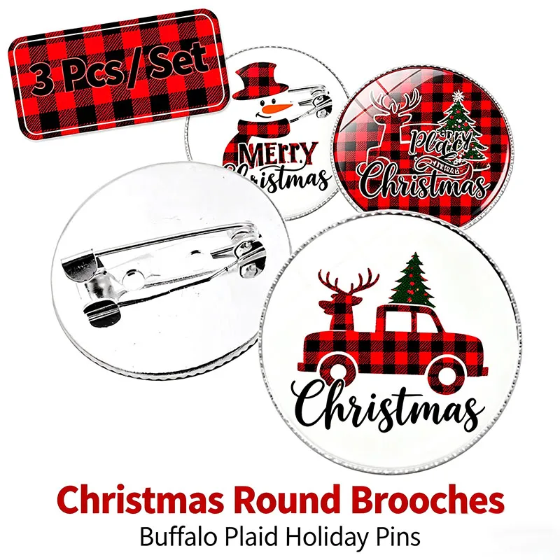 3Pcs Christmas Round Brooches for Women Buffalo Plaid Holiday Lapel Pins Xmas Tree Snowman Reindeer Badge Dress Hat Accessories