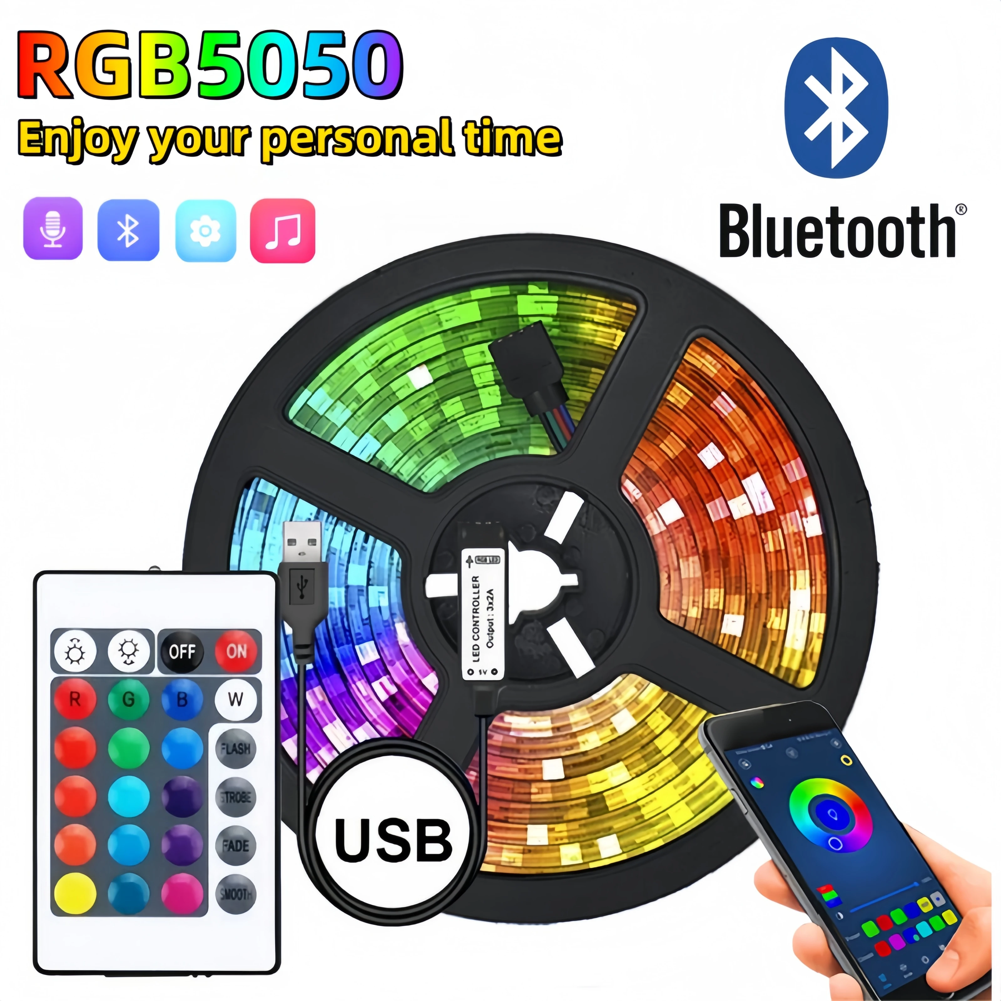 ไฟแถบไฟ LED บลูทูธ RGB 5050 5M 10M 15M 20M 20M สี USB tpae แถบไฟ LED โรมันทีวีตกแต่งห้องนอน LED Backlight สำหรับบ้าน