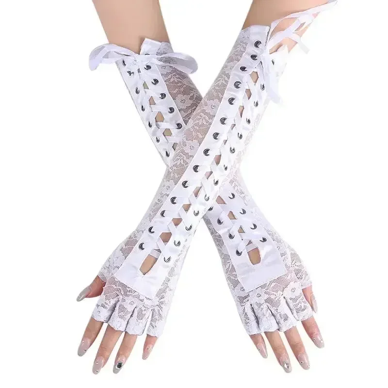 Frauen Sexy Floral Spitze Ellenbogen Länge Halbfinger Handschuhe Schwarz String Band Krawatten Up Dance Party Fingerlose Fishnet Mesh Fäustlinge