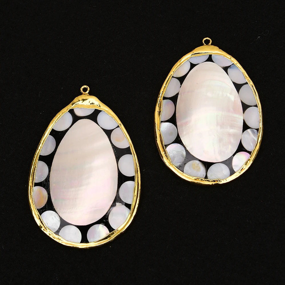 2 Pcs Big Natural White Black Sea Shell Pearl Water drop Gold Edge Plated Pendant DIY Fashion Jewelry Necklace Making DIY