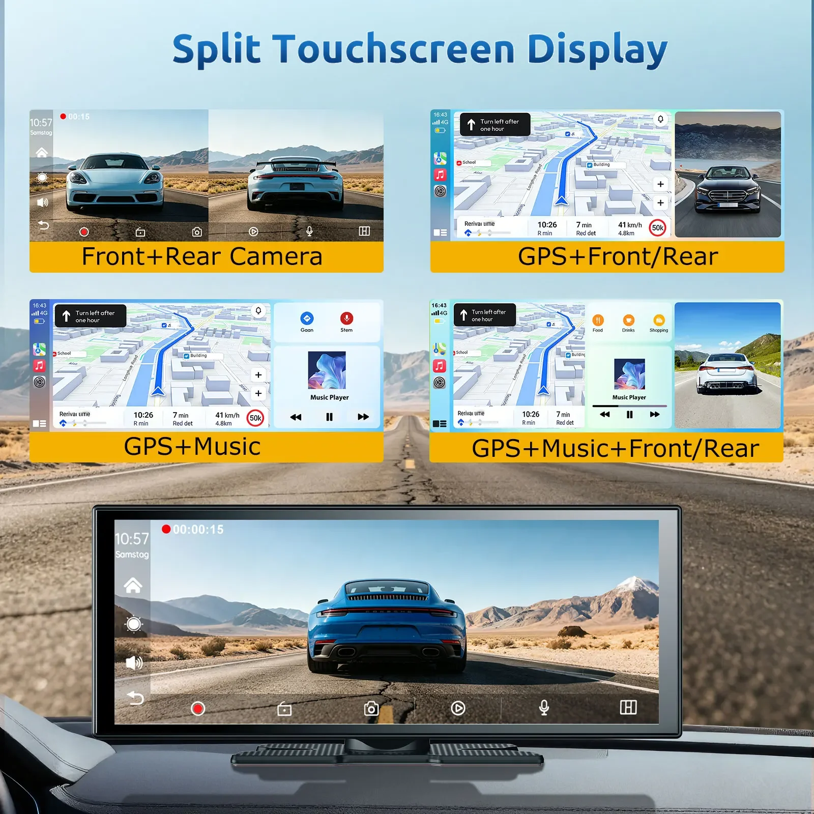 ESSGOO 11.3-Inch 4K+1080P Universal Portable Carplay Android Auto Dual-lens driving recorder and reversing camera Night Vision Wireless CarPlay Car Multimedia Player WiFi FM Bluetooth 5.3 AUX Mirror Link For Cars Trucks SUV Pickups - view 7