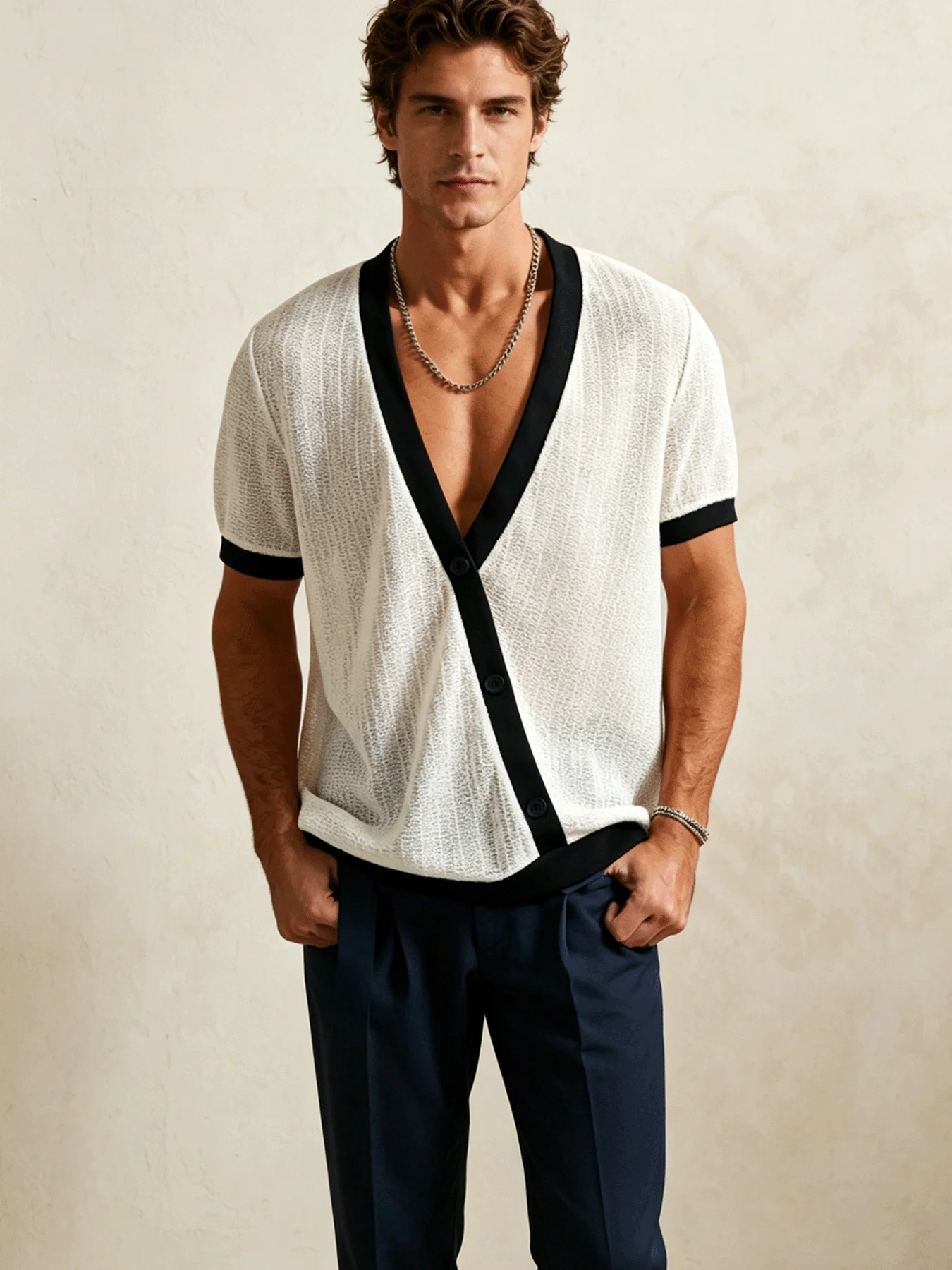 Men's Textured Knit Short Sleeve Cardigan V Neck Black Trim Contrast Button Front T Shirts Summer Breathable See Through Mesh Te