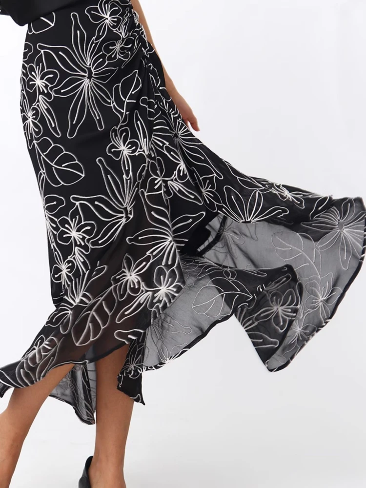 

Embroidery Black High Street Fishtail Skirt Asymmetric Ruffle Slit Midi Skirt High Rise Floral 2024 Summer New in Woman Clothing