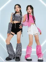 Traje de Jazz con lentejuelas rosas para niñas, traje de escenario de Hip Hop, pantalones cortos blancos y negros, ropa de moda con purpurina para chico Kpop, traje de actuación de baile