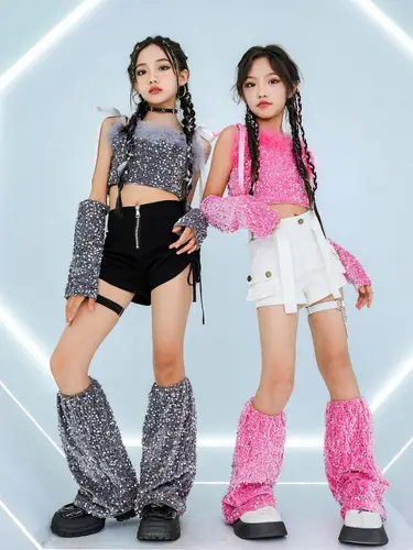 Imagen 2 del producto Traje de Jazz con lentejuelas rosas para niñas, traje de escenario de Hip Hop, pantalones cortos blancos y negros, ropa de moda con purpurina para chico Kpop, traje de actuación de baile