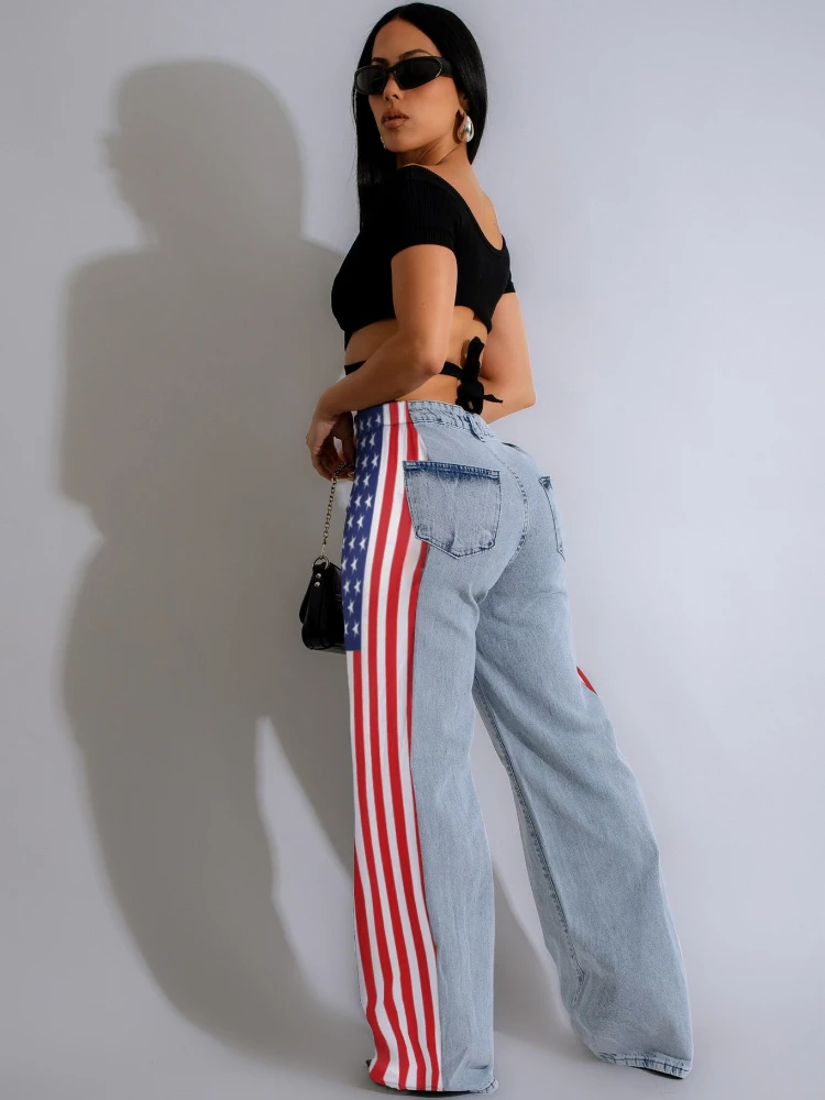 Leosoxs American Flag Print Women Baggy Jeans Streetwear y2k Long Straight Trousers High Waisted Elastic Wide Leg Denim Pants