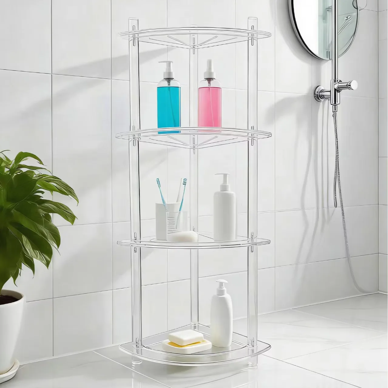 sF-Transparent Acrylic Corner Shelf for Bathroom; Triangular Stand for Bathroom; Cosmetic Storage Rack for Bathroom#