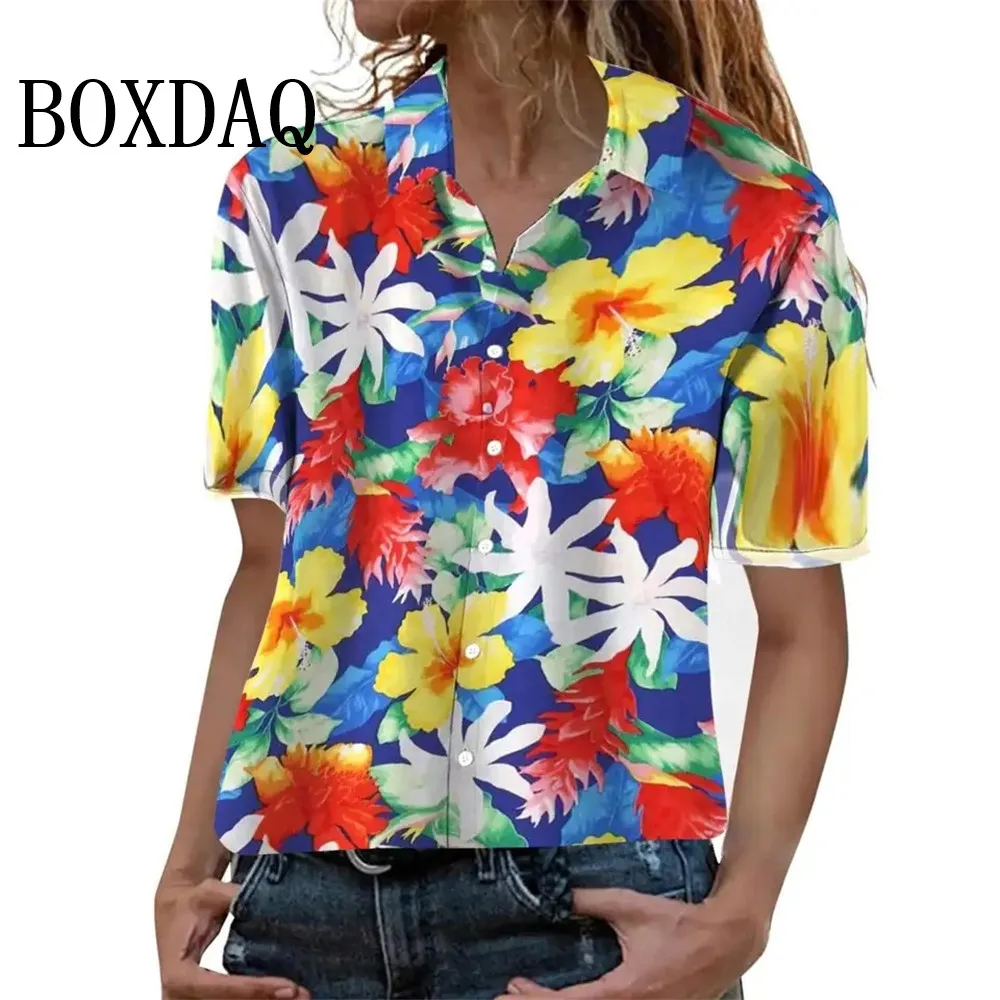 Moda verão blusa feminina artística havaiana palmeira impressão manga curta lapela casual botão camisa topos feminino camisa havaiana
