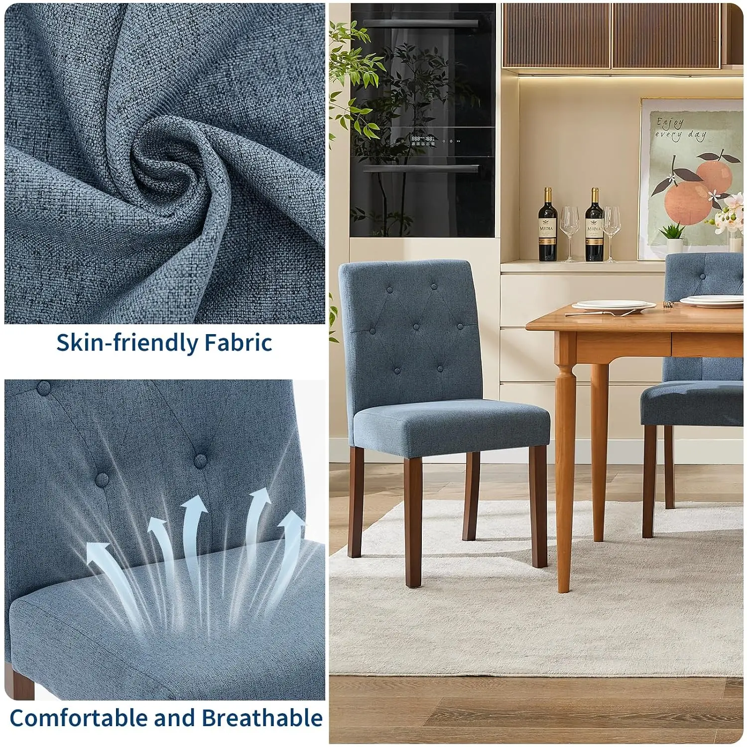 Linen Fabric Dining Chairs Set of 6 with Rubberwood Legs Padded Seat Kitchen Living Room, Customized