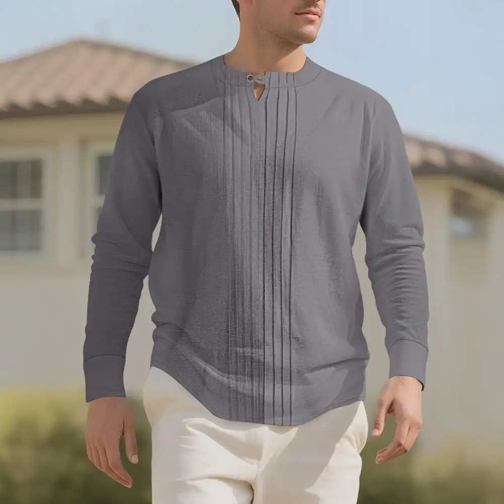 Linen Shirt Summer Shirt Men's Round Neck Long Sleeve Shirt Loose Fit Casual Pure Color Pleated for Daily Wear Versatile Style
