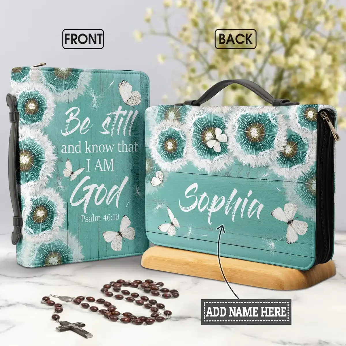 

Personalized Bible Cover Be Still And Know That I Am God Psalm Poetry Print Ladies Bible Storage Bags Leather Handbags Zippered