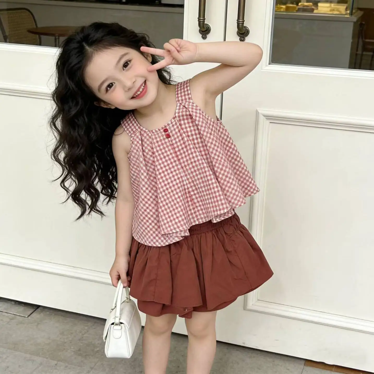 Girls Plaid Strap Set 2026 Summer New Childrens Sleeveless Top and Cake Skirt Pants Baby Fashionable Two-Piece Summer Outfit
