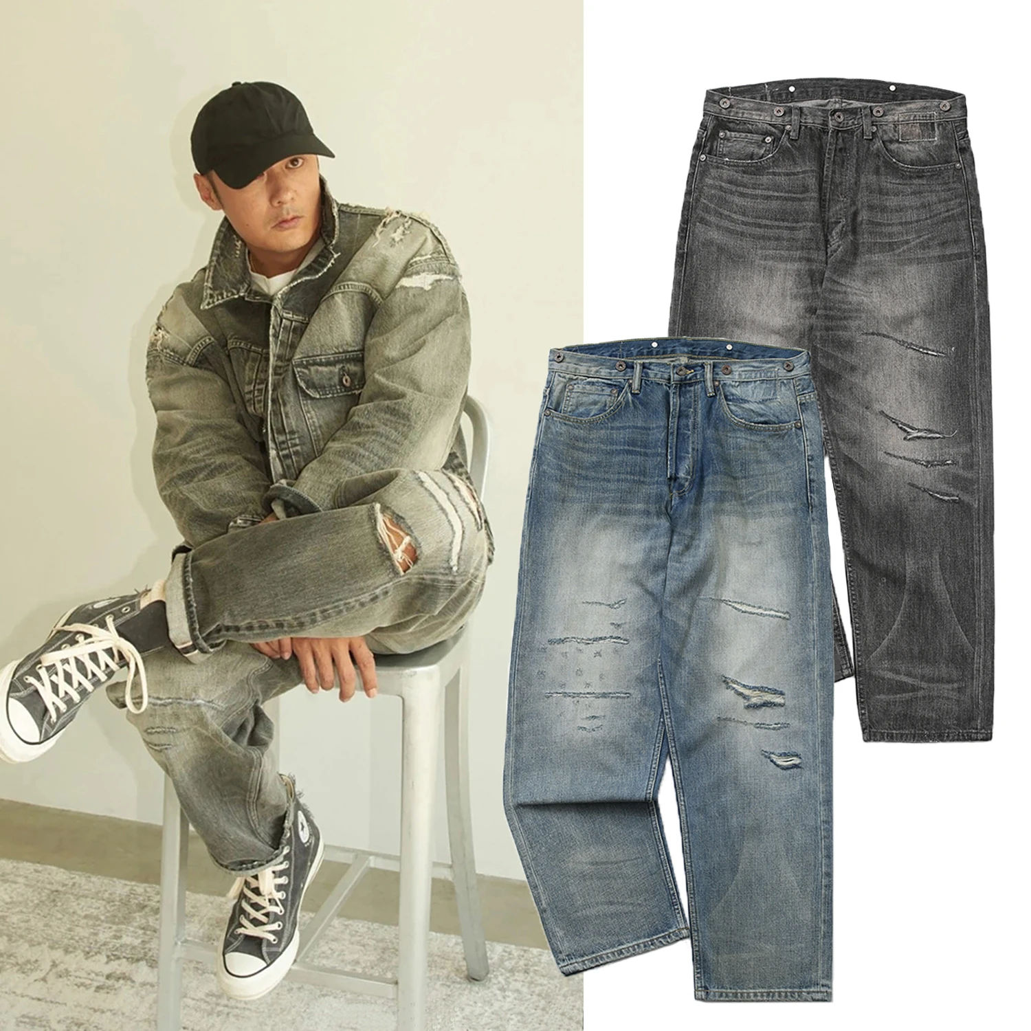 

MADN Trendy Brand Japanese Vintage Distred Long Jeans Cotton Denim Youth ular Straight Leg Loose Fit Wear Resistant