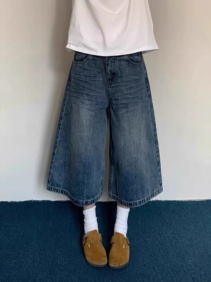 Pantaloni a sette piedi in denim scozzese americano retrò ket ex Pantaloni medi a gamba larga versatili casual larghi estivi
