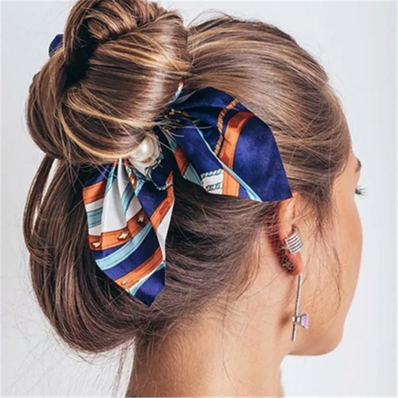 Fashion Floral Single Print Bow Satin Long Ribbon Ponytail Scarf Hair Tie Scrunchies Women Elastic Hair Bands Hair Accessories