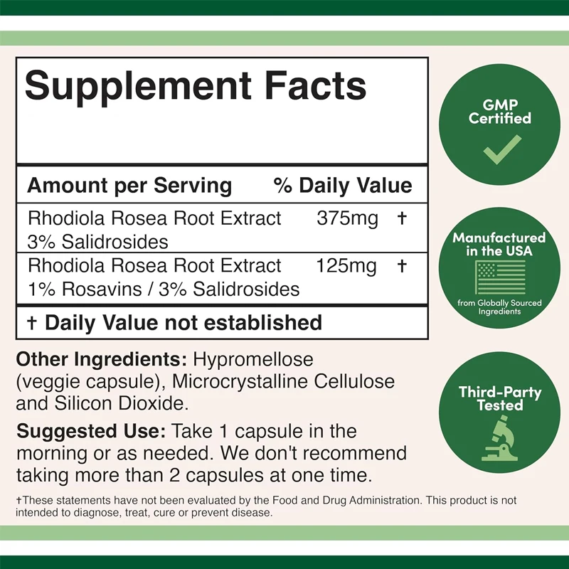 Rhodiola Rosea Supplement 500 Mg, 60 Vegetarian Capsules Supports Overall Gluten-free