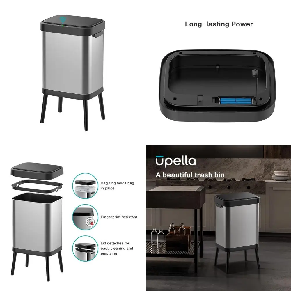 

Stainless Steel 10.5 Gal Touchless Sensor Trash Can, Wide Rectangular, Brushed Finish, Automatic Lid, Raised Legs for Easy Use