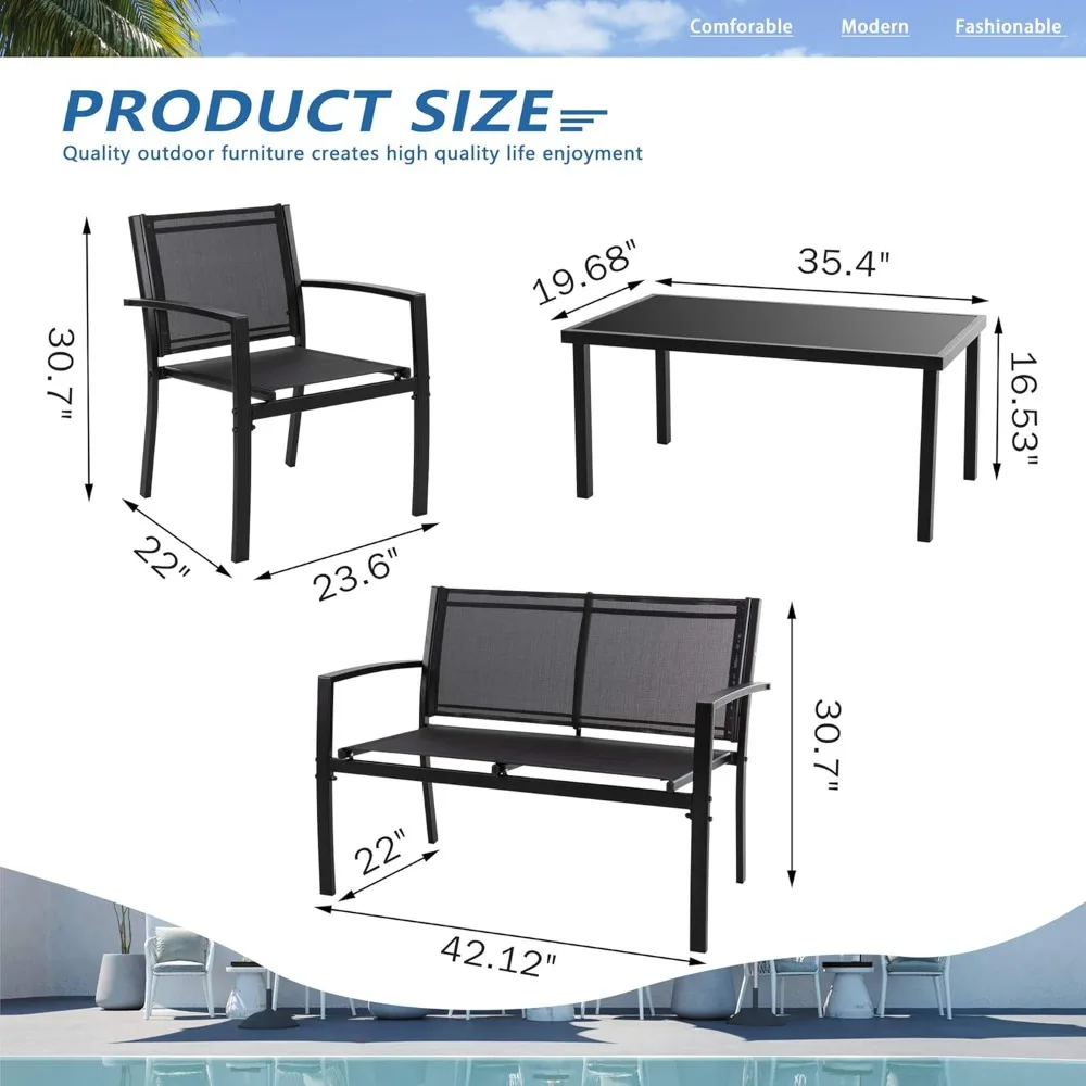 4 Piece Patio Sets, Bistro Sets Patios with Loveseat and Glass Tea Table, Outdoor Patio Furniture Set