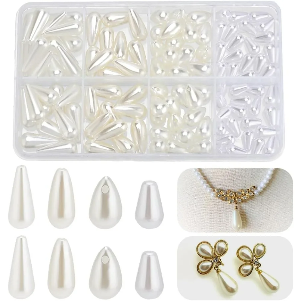 110 Pcs Tear Drop Pearl Beads 4 Sizes White Water Drop Pearl Beads ABS Plastic Pearl Beads Imitation making kit