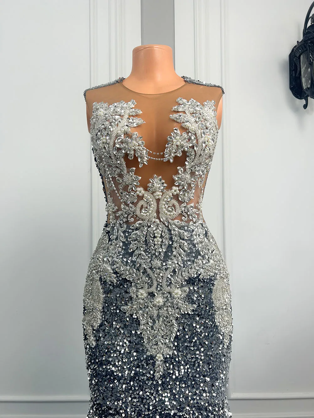 Gorgeous Long Mermaid Prom Dresses 2026 Sexy Sheer Mesh 3D Lace Beaded Sparkly Silver Sequin Black Girls Prom Gowns