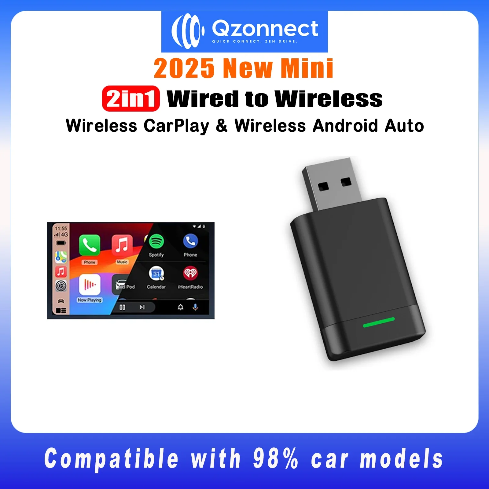 Qzonnect 2025 Wireless CarPlay Android Auto Dongle – 5 GHz WLAN, BT 5.0, Sprachsteuerung, für kabelgebundene OEM-Autos