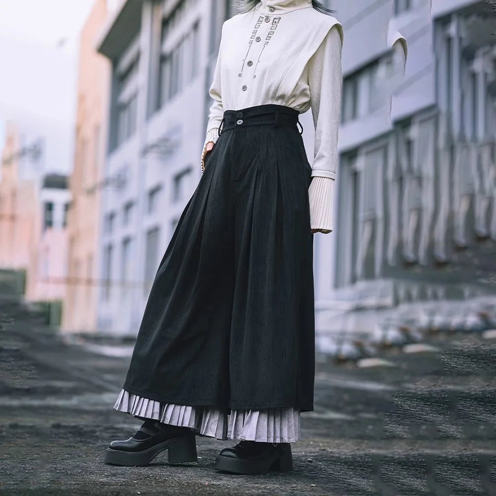 Y2k Dark Gothic Pleated Skirt Pants Spring Genderless Fashion Japanese Campus All-Match Casual Samurai Pants Hakama Unisex 2025