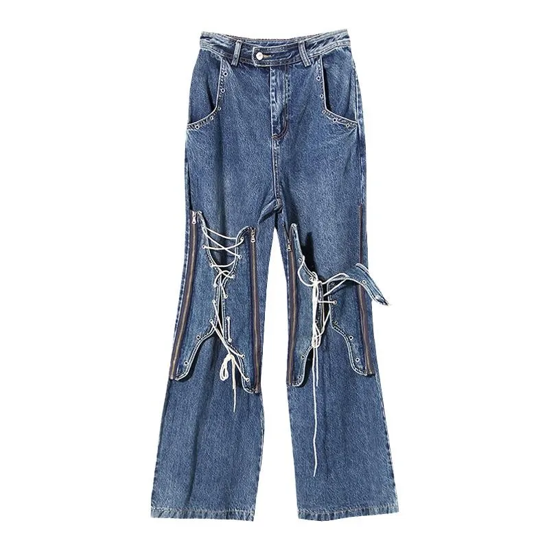 

STUDIO Loose Wide Leg Denim Jeans Women's Spring Autumn Detachable Belt Flared Pants Vintage High Waist Cotton