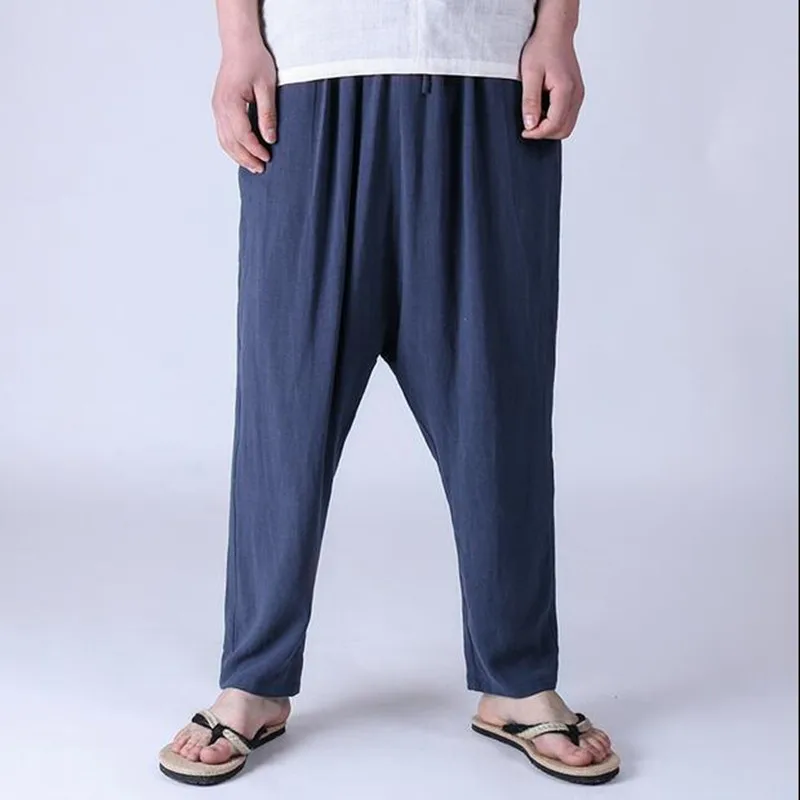 Men's Cotton Linen Pants Summer Mid Waist Loose Leisure   Solid Color Drawstring Large Size M-6XL Male Casual Pants