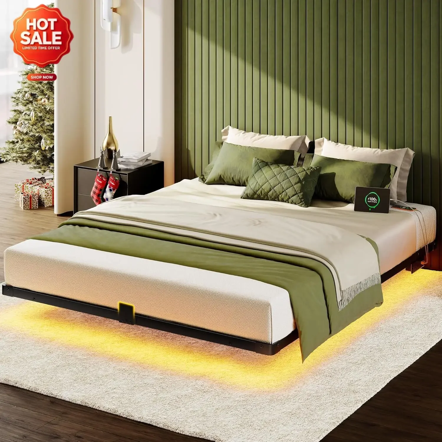 Floating Bed Frame Queen Size, Smart LED Lights & Charging Station, 9.45