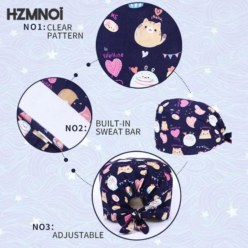 Cute Cat Pattern Printing Unisex Surgical Cap Surgeon  Veterinary Pet Beauty Salon Hospital Clinic Clinical Nurse