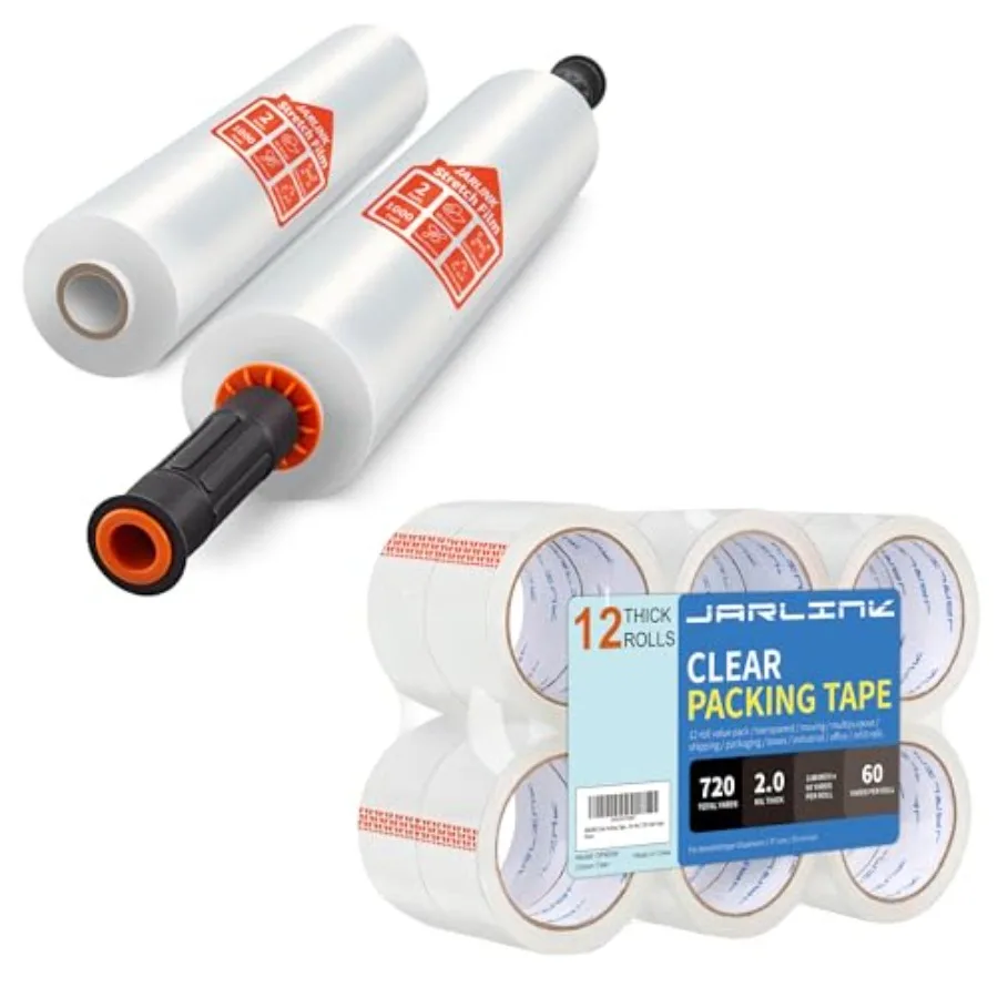 

Stretch Film Bundle with 12 Clear Packing Tape Heavy Duty Packaging Tape for Shipping Packaging Moving Sealing 2.0mil Thick 1.8