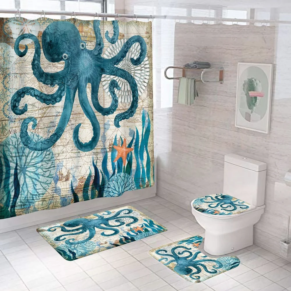 Sea Turtle Shower Curtain Sets Waterproof Nautical Ocean Vintage Animal Bathroom Bathtub Curtains Bath Mats Rug Toilet Lid Cover