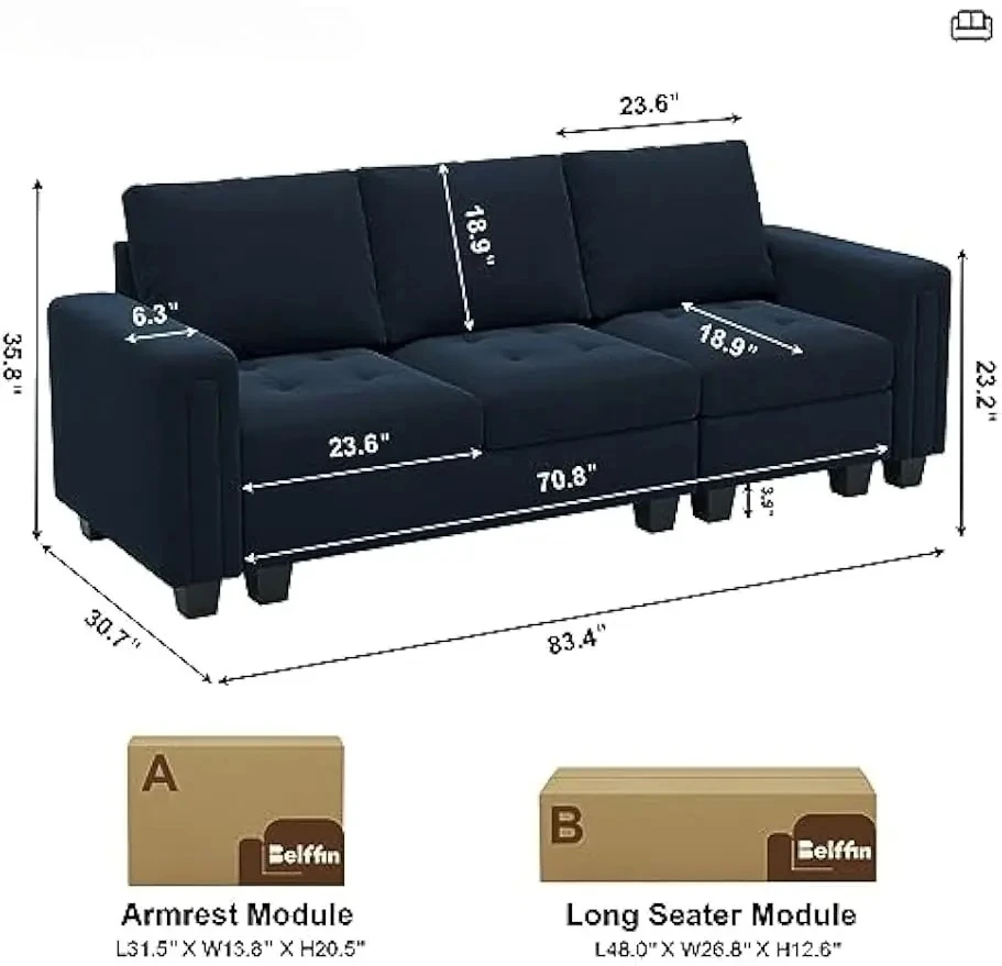 Velvet Modular Sofa Couch 3 Seater Sofa Couch for Living Room Blue